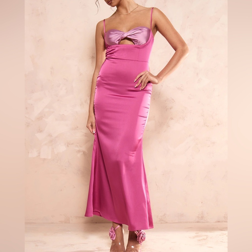NWT PrettyLittle Thing Hot Pink Satin Contrast Twist Cup maxi dress size 2